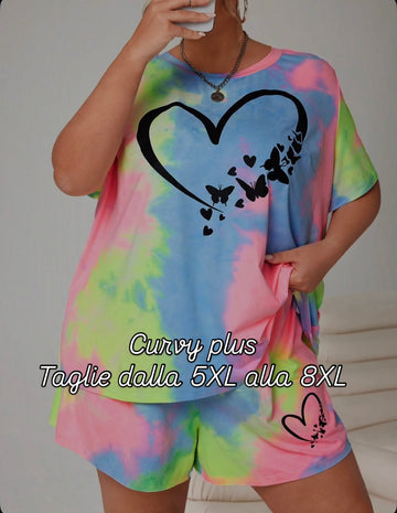 Set da donna casual taglie forti, con maglietta a maniche corte a girocollo e pantaloncini, a fantasia cuore e Tintura a nodi colorato